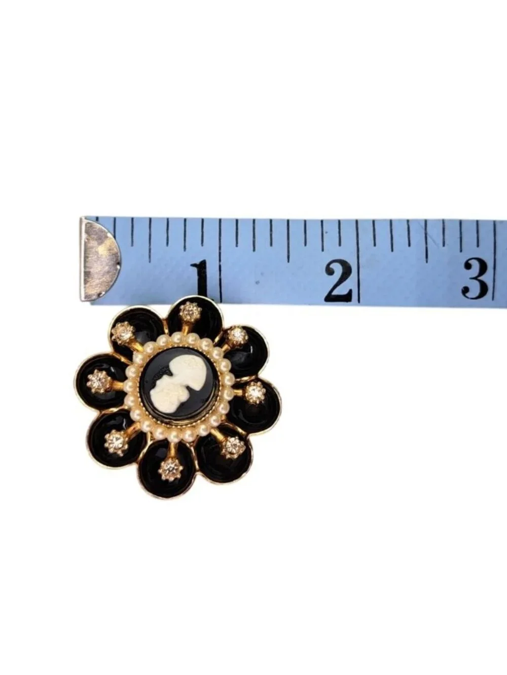 Vintage Coro Cameo Brooch Pin Black Enamel Faux Pearl Gold-Tone Rhinestones 1.5